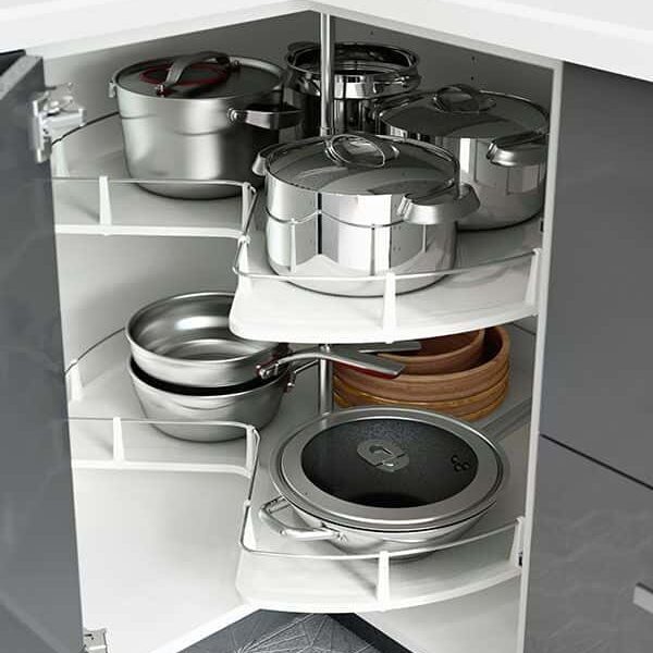 Kitchen corner carousel unit and modular kitchen corner unit accessories