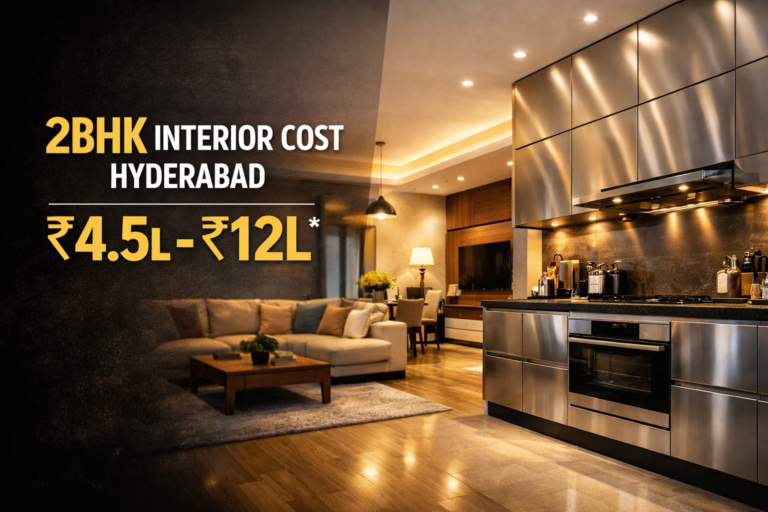 modern 2BHK apartment interior in Hyderabad with stainless steel kitchen and living room showing 2BHK interior design cost range 2026