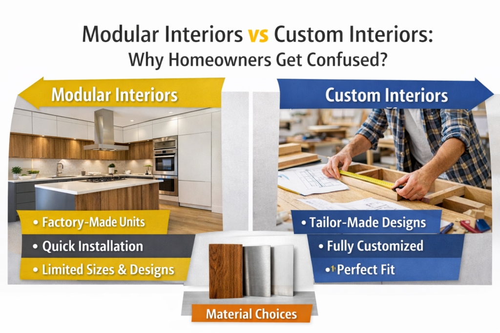 Modular interiors vs custom interiors infographic explaining differences in design, installation time, and customization.
Comparison of modular kitchen interiors and custom-built furniture design with key differences for homeowners.
Modern modular kitchen compared with custom interior carpentry work in home interior design.
Infographic showing differences between modular interiors and custom interiors in modern homes.
Factory-made modular kitchen vs custom furniture design concept for interior planning