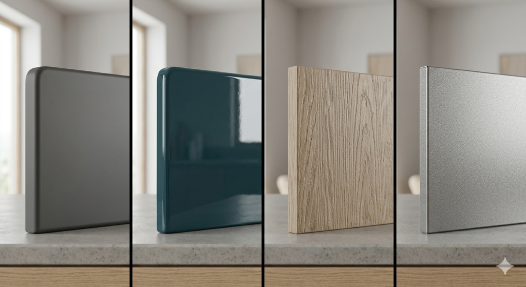 Interior colour combinations for kitchen and wardrobe with matte and glossy finishes