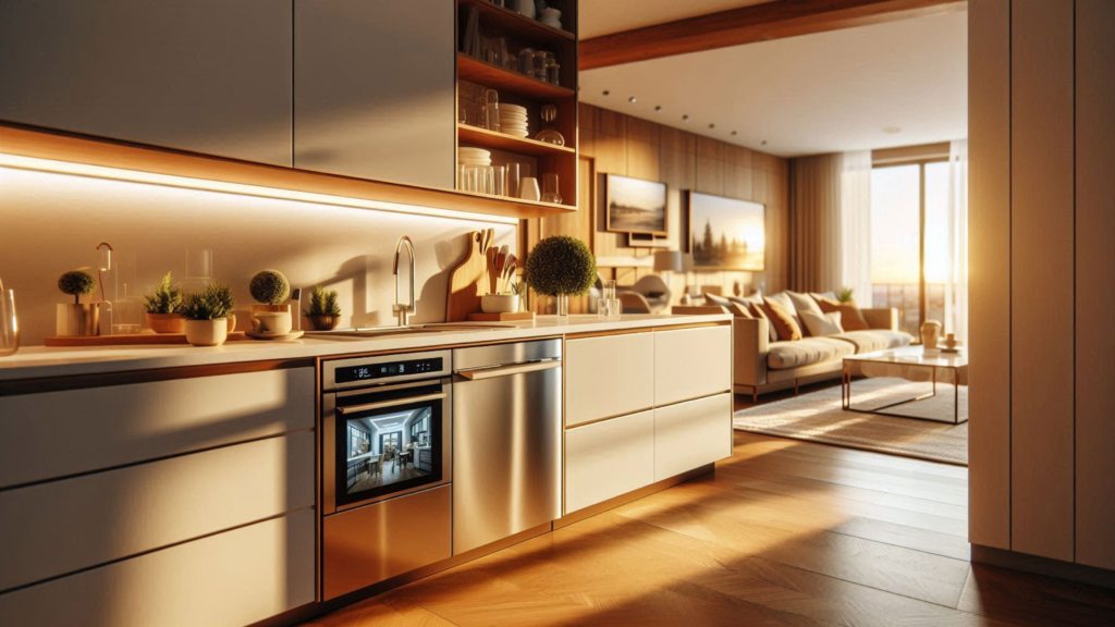 Built-in stainless steel oven, 5-burner gas hob, and auto-clean chimney installed in a premium modular kitchen cabinet — Metal & More Interiors