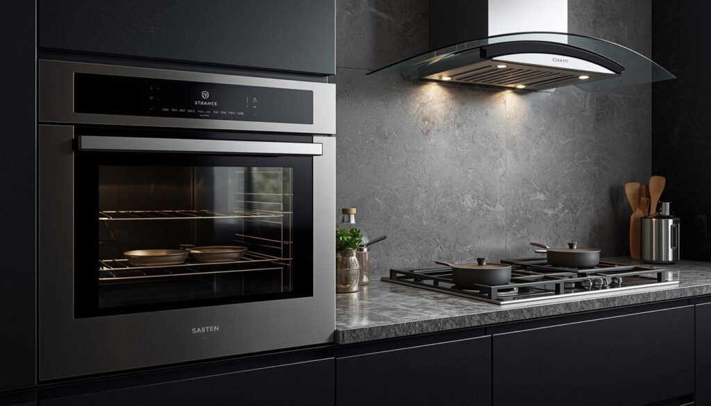 built in appliance Modern modular kitchen with built-in appliances including integrated refrigerator, built-in oven, and induction hob — designed by Metal & More Interiors, Hyderabad