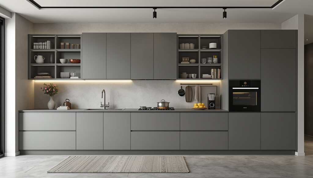 Contemporary aluminum kitchen design with smart storage solutions and modern interior layout