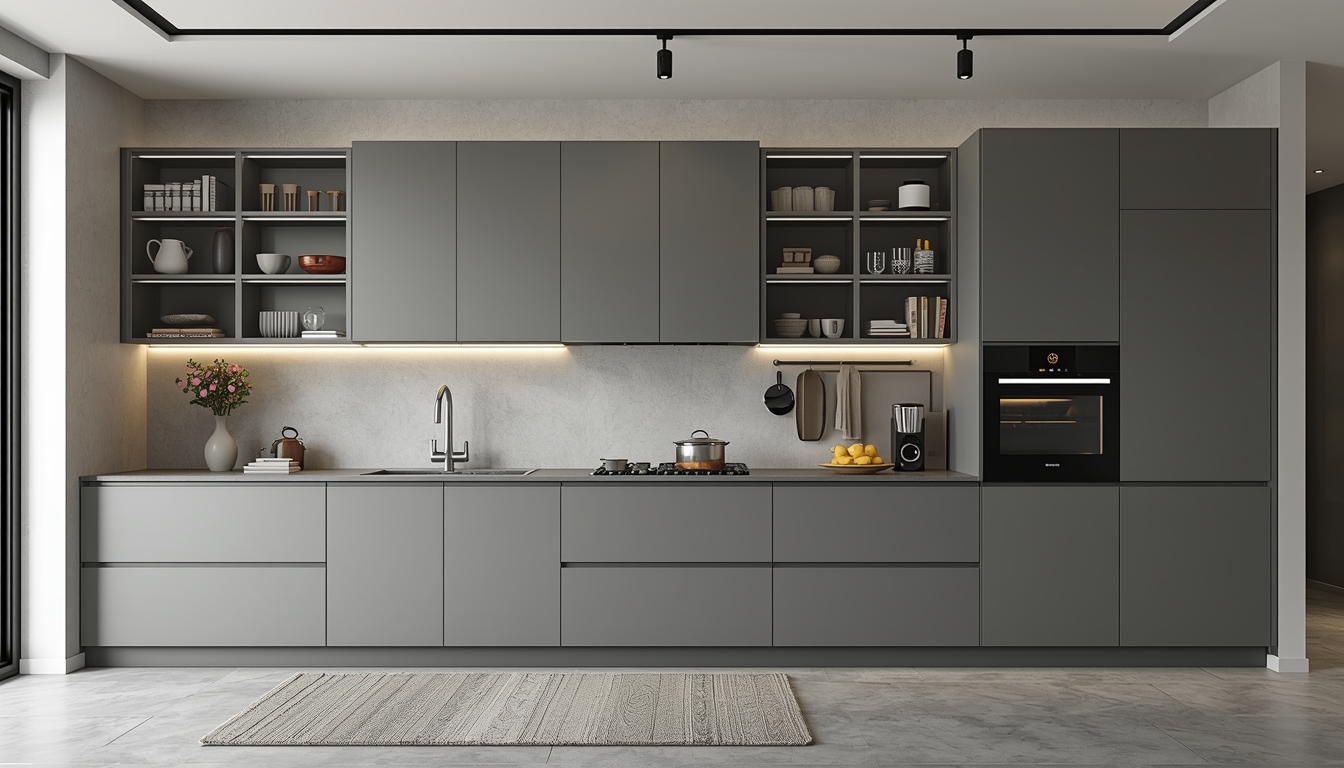Contemporary aluminium modular kitchen with matte finish cabinets and smart storage, Metal & More Interiors