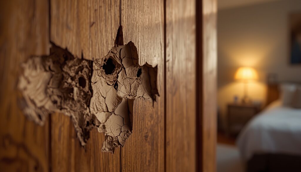 Close-up of termite damaged wooden wardrobe showing cracks, holes and moisture swelling