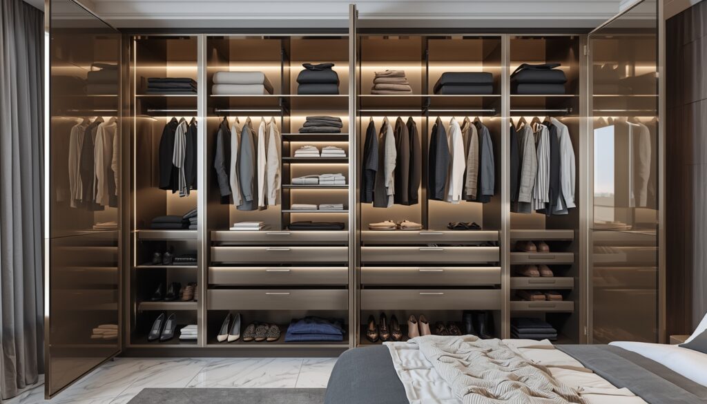 Modern stainless steel wardrobe with organized shelves, drawers and hanging clothes in a luxury bedroom