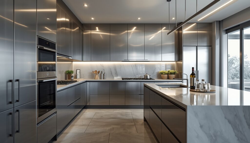 Custom stainless steel modular kitchen design for modern homes with sleek cabinets and modern storage