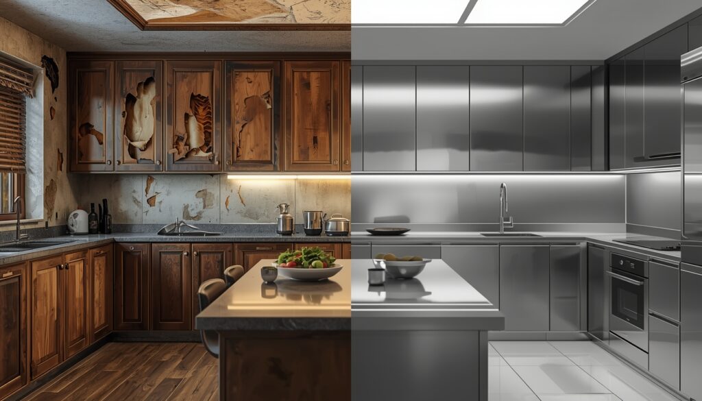 Comparison of wooden kitchen damage vs stainless steel modular kitchen durability and modern design