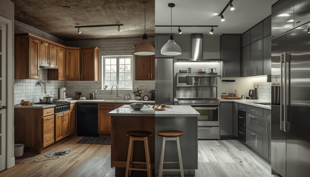 Before and after transformation of modular kitchen in Hyderabad from old design to modern stainless steel kitchen