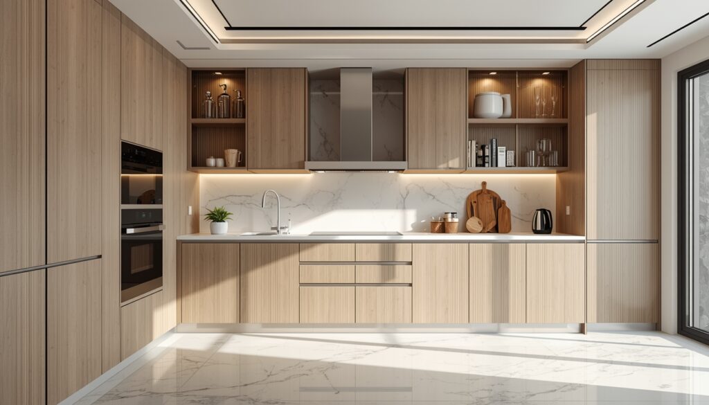 Aluminium modular kitchen design in Hyderabad with sleek cabinets, quartz countertop and modern appliances