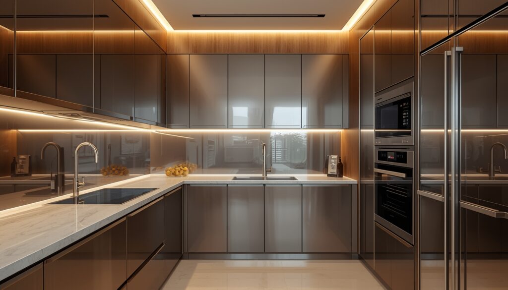 Modern metal interiors in Hyderabad with stainless steel kitchen and aluminium wardrobe design