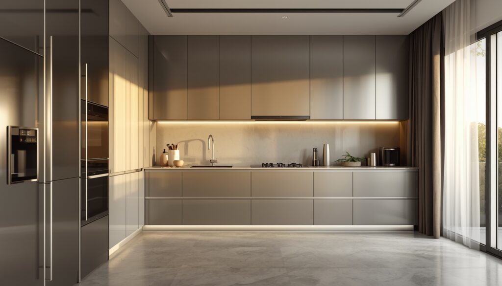 Aluminium modular kitchen modern design with sleek cabinets and LED lighting