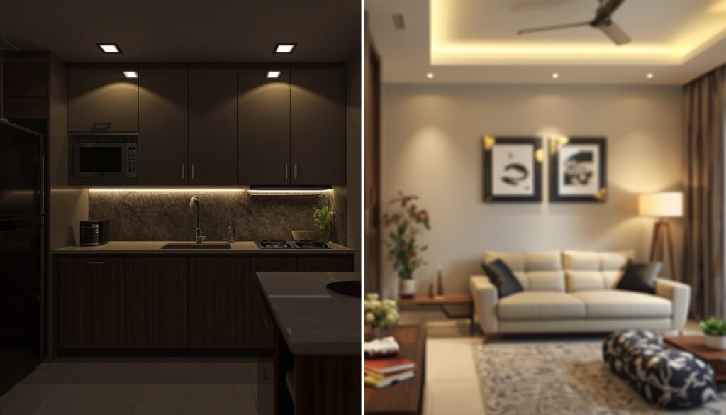 2BHK interior cost in Hyderabad showing modern apartment with stainless steel modular kitchen and living room design with pricing ₹4.5L to ₹12L