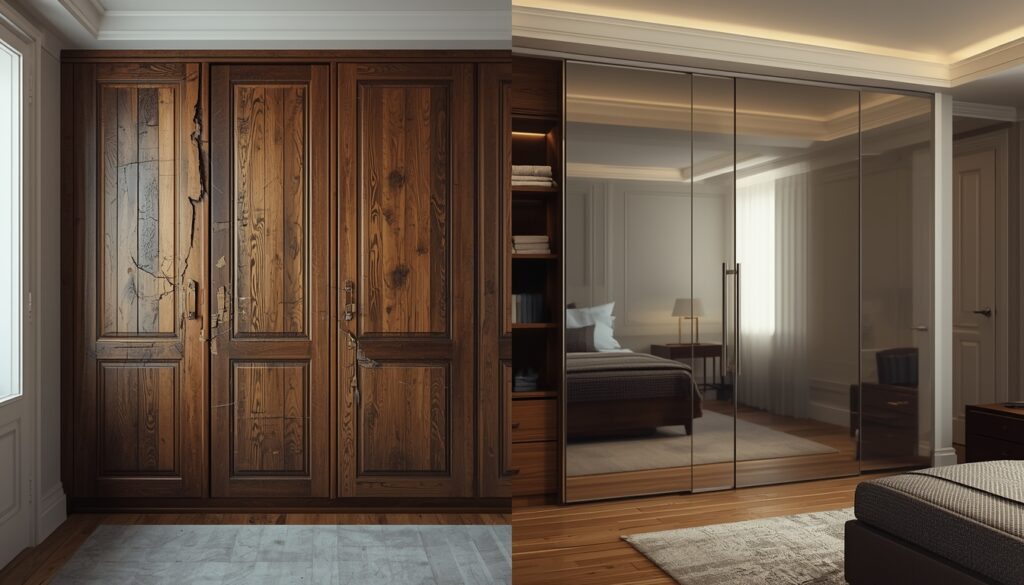 wooden wardrobes vs modern metal wardrobes comparison in a bedroom