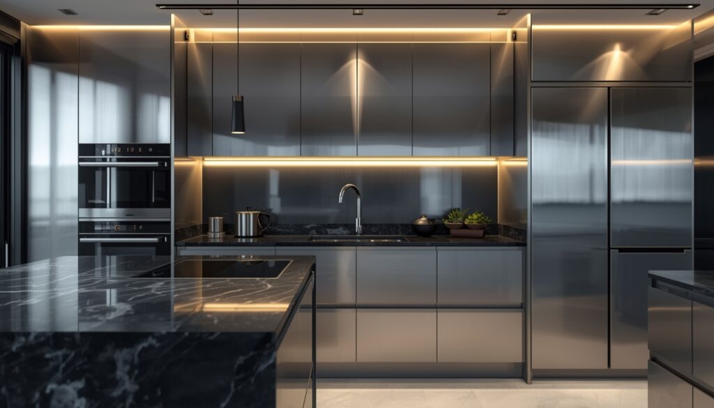 Modern stainless steel kitchen cabinets interior with durable modular design and elegant finish