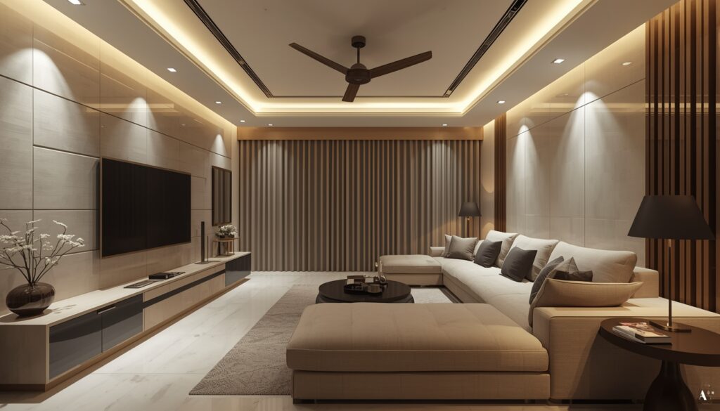 living room interior cost in Hyderabad with modern sofa TV unit and false ceiling design 2BHK flat