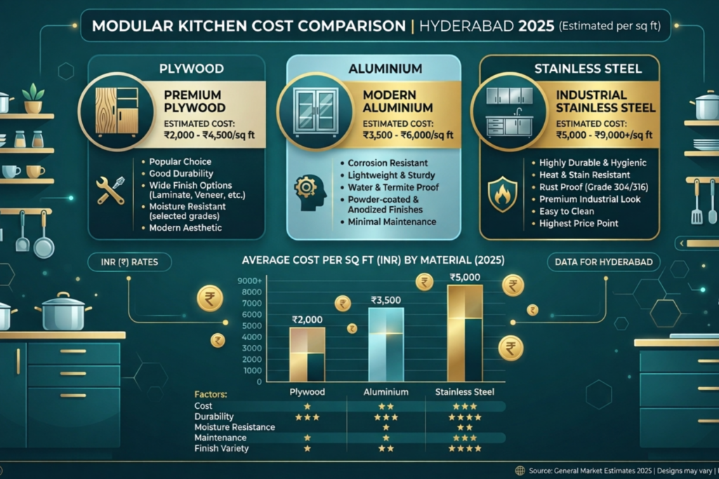kitchen renovation cost in hyderabad comparison Hyderabad 2025 — plywood vs aluminium vs stainless steel