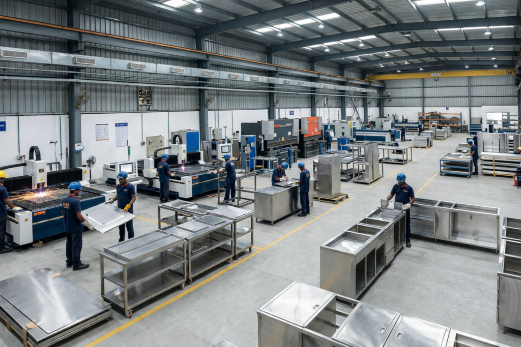 Metal & More Interiors manufacturing unit Hyderabad — own factory for stainless steel kitchen fabrication