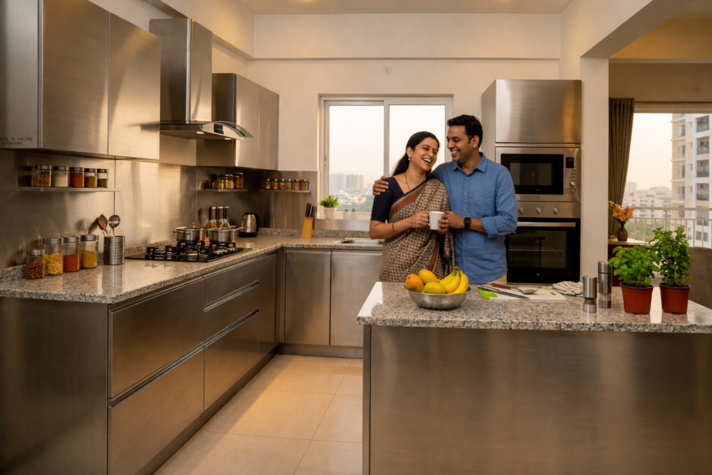 happy homeowners with new stainless steel modular kitchen in Hyderabad installed by Metal & More Interiors