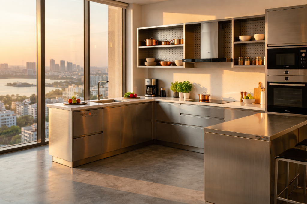 premium stainless steel L-shaped modular kitchen Hyderabad | Metal & More Interiors | metalandmore.in