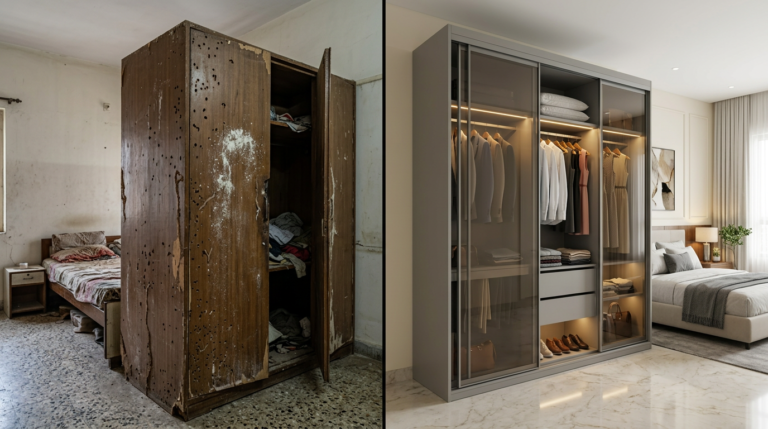 wardrobe termite problem Hyderabad – damaged wooden wardrobe vs modern aluminium wardrobe comparison