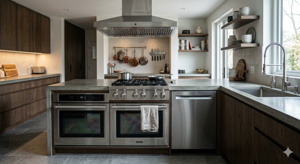 stainless steel kitchen safety built-in appliances oven hob chimney dishwasher"