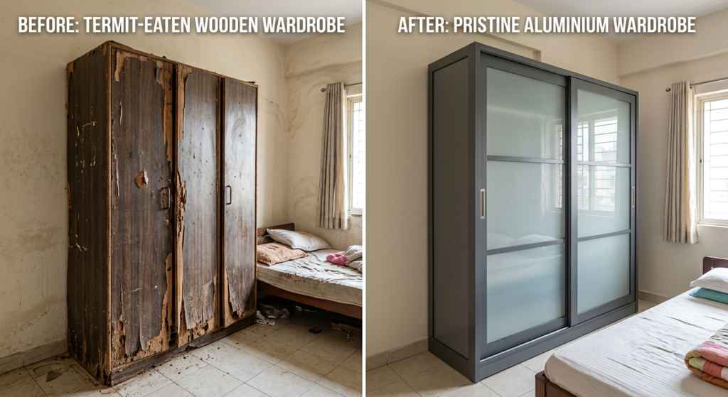 aluminium wardrobe vs wooden wardrobe Hyderabad - termite proof vs termite damaged comparison
