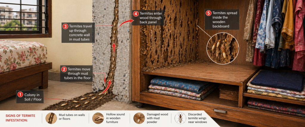 how termites get into wardrobe from wall - wardrobe termite problem entry route India
