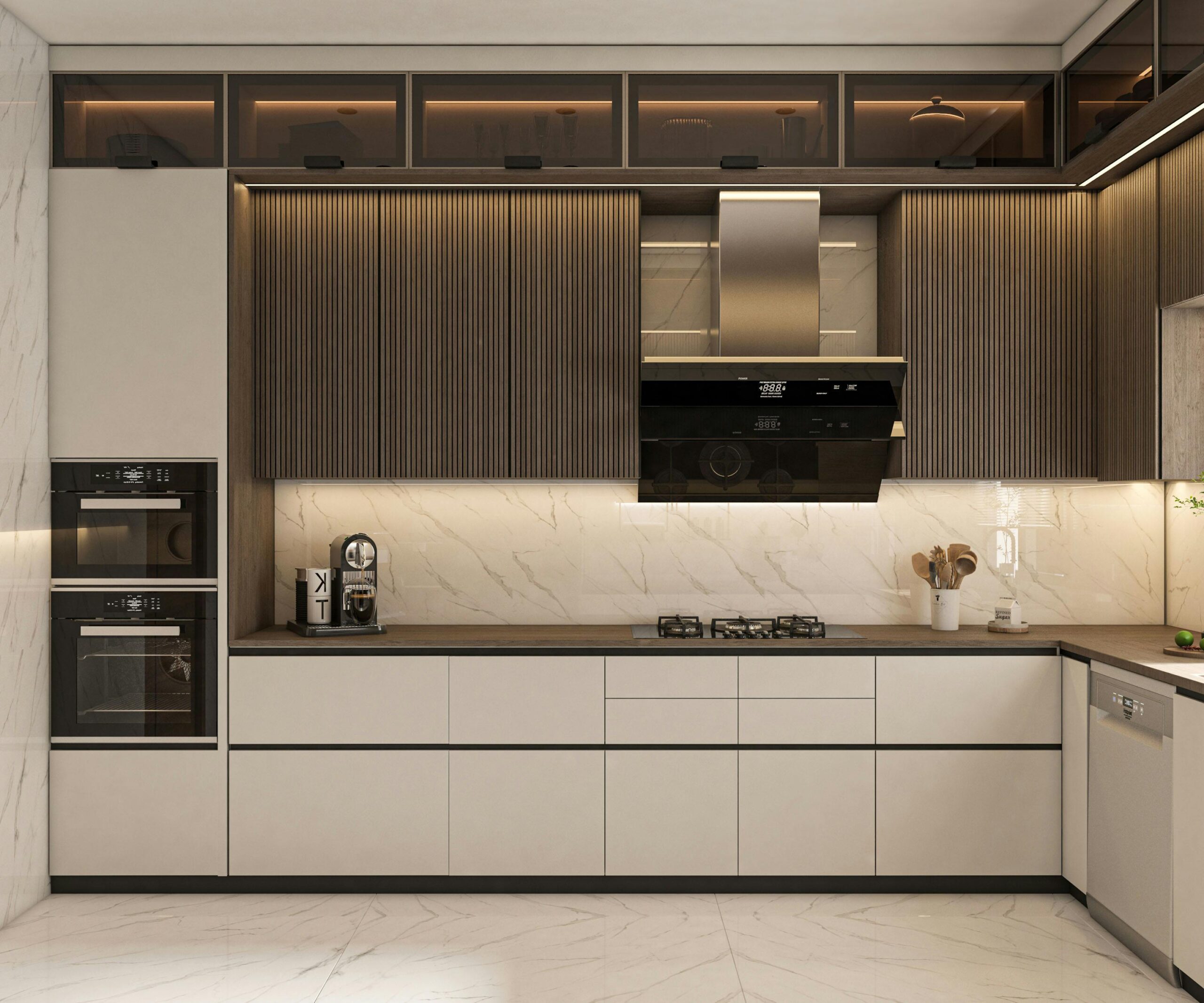 L-shape aluminium modular kitchen, alternate finish, Metal & More Interiors Hyderabad