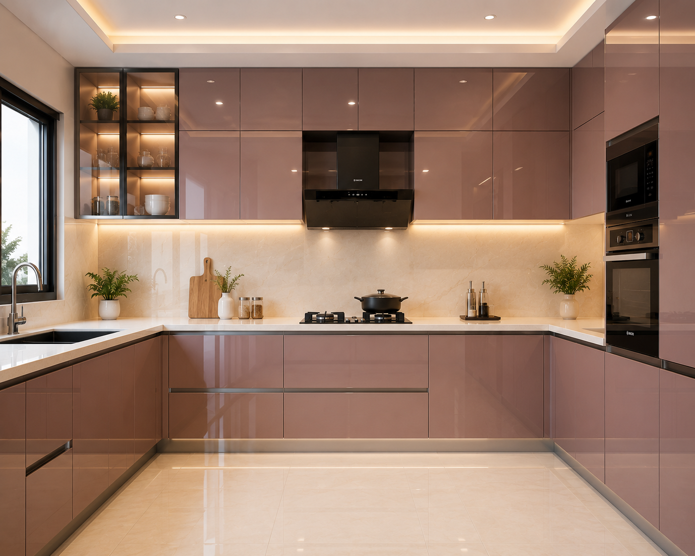 Acrylic glossy stainless steel modular kitchen design