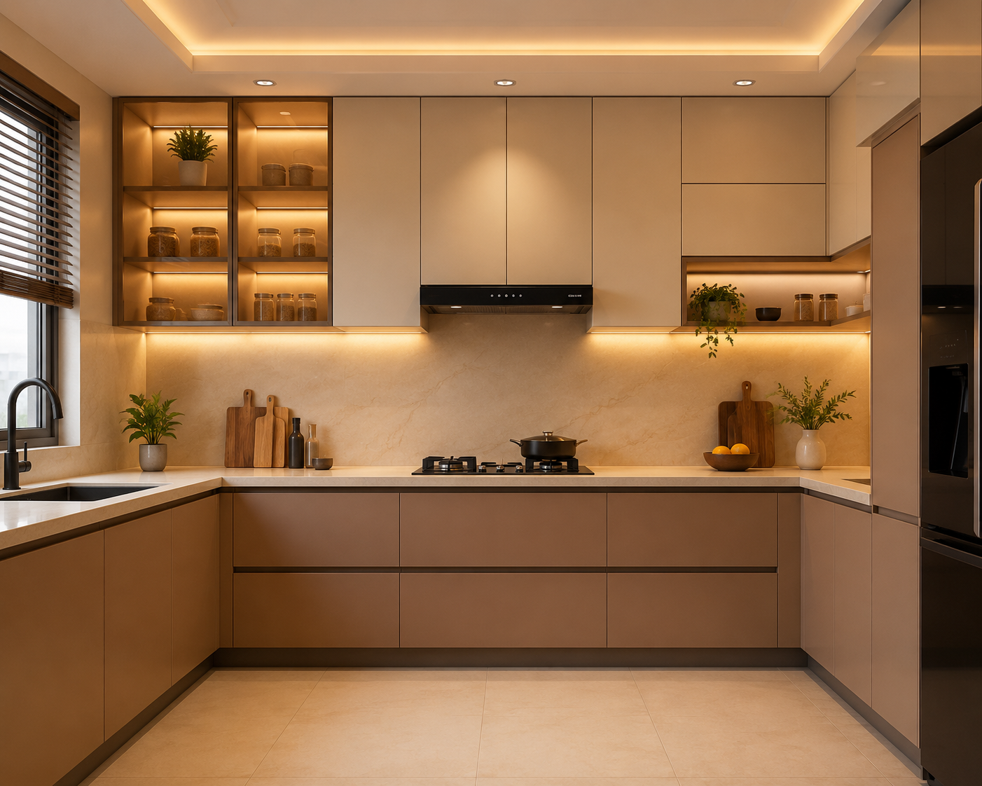 Warm PU-coated steel kitchen in a residential colour palette