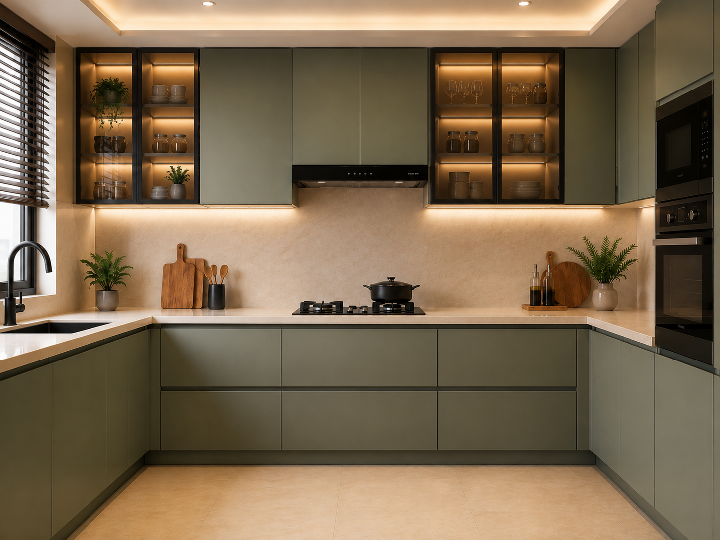Stainless steel kitchen with glass profile shutters