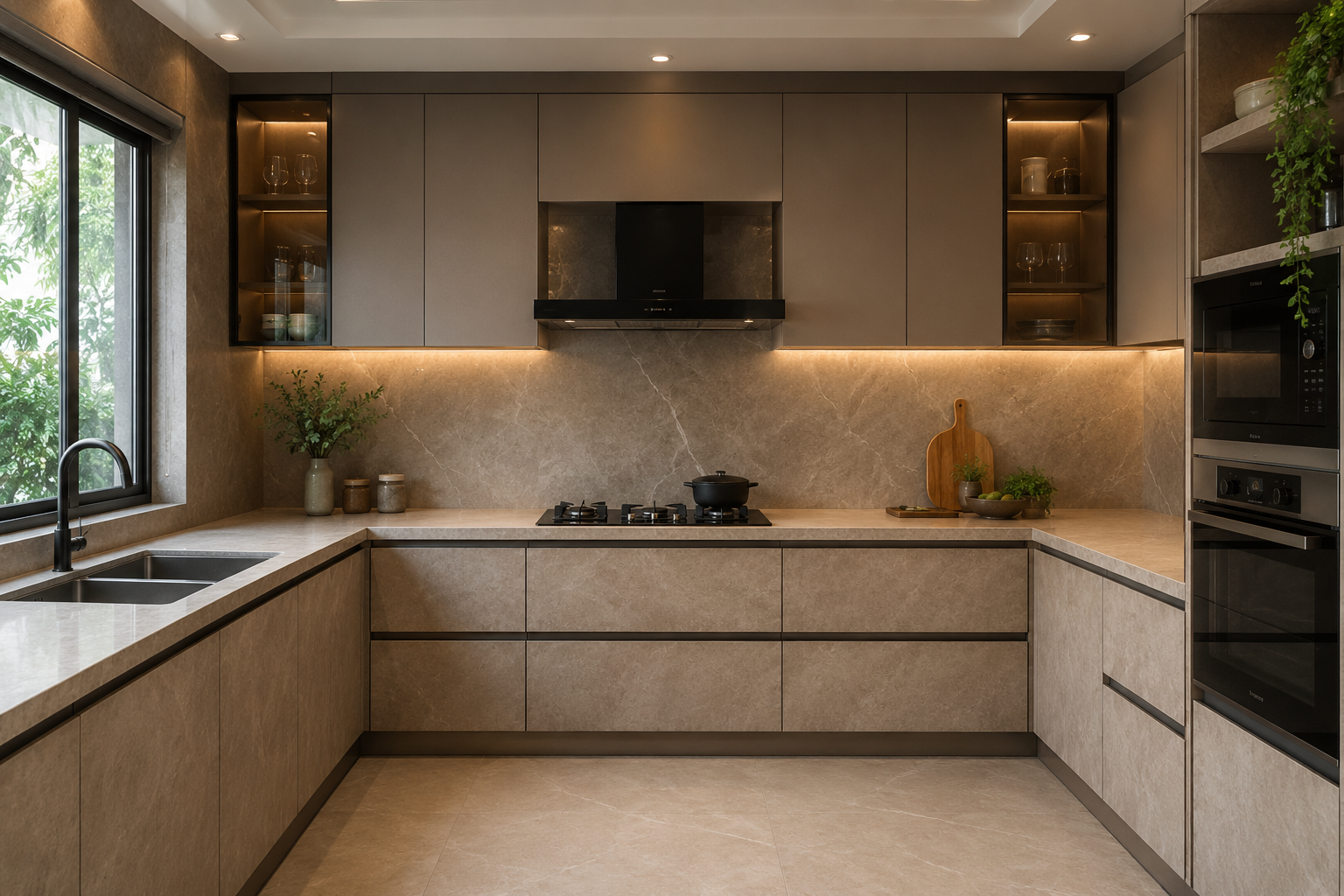 Stone and textured stainless steel kitchen design