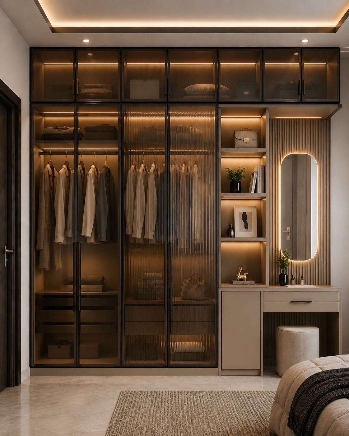 Tinted glass galvanized steel wardrobe with LED lights and dressing unit