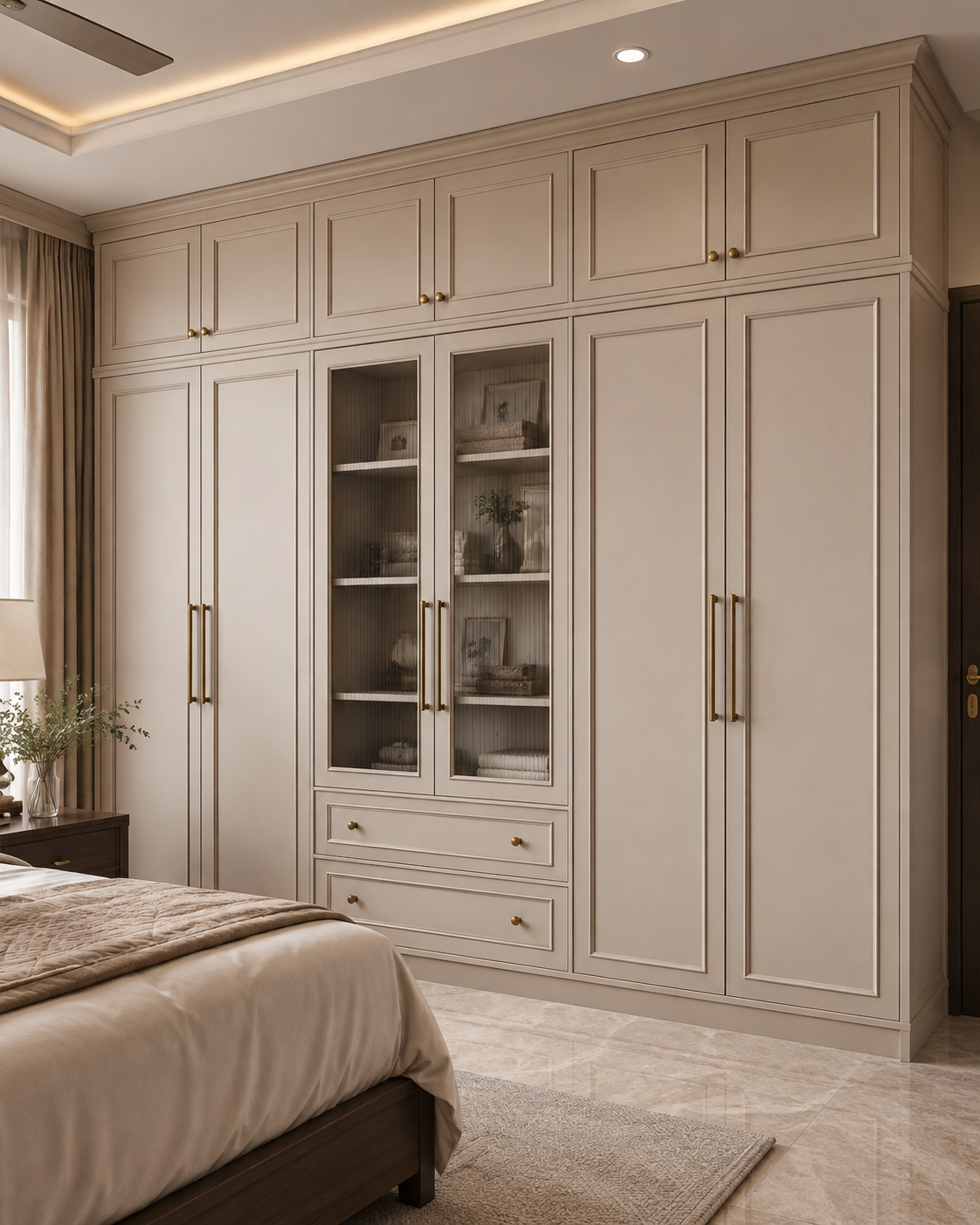 Classic beige galvanized steel wardrobe with glass display doors