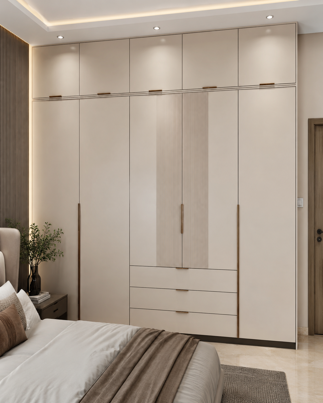 Cream PU finish galvanized steel wardrobe with loft and drawers