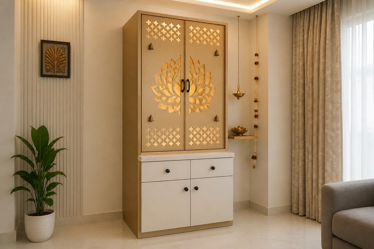 Aluminium pooja mandir designs for home in Hyderabad with lotus jaali doors and storage