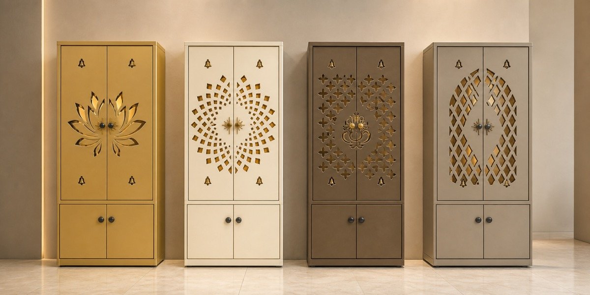 Four aluminium pooja mandir designs with laser-cut front jaali options