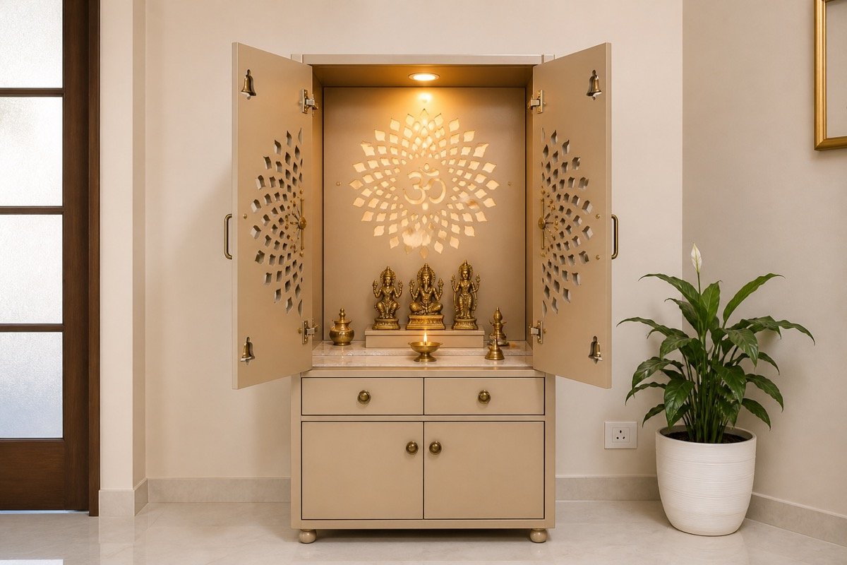 Open aluminium pooja mandir design with warm lighting, stone shelf, drawers and storage cupboards