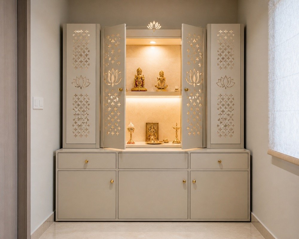 Aluminium pooja mandir design with pooja room storage boxes and lower cabinets