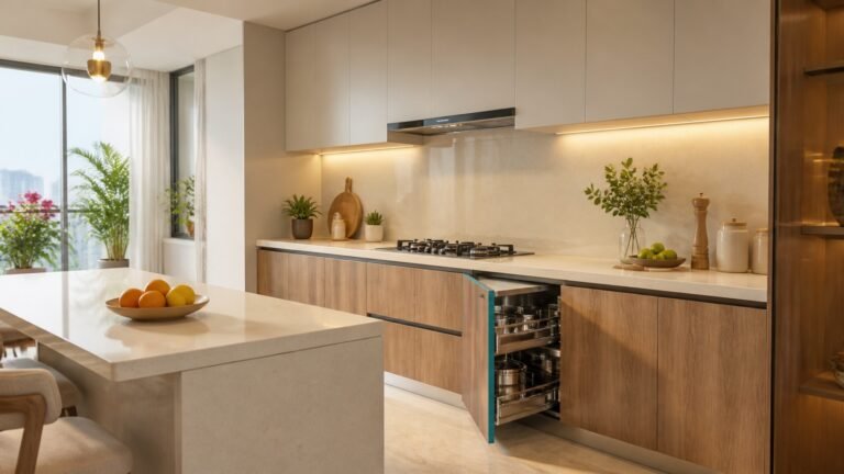 Warm wood and white stainless steel modular kitchen in a Hyderabad apartment