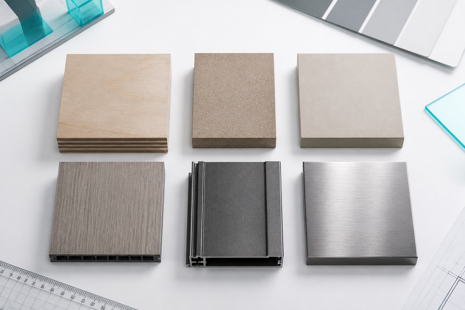 Plywood HDHMR MDF WPC aluminium and stainless steel kitchen cabinet material samples