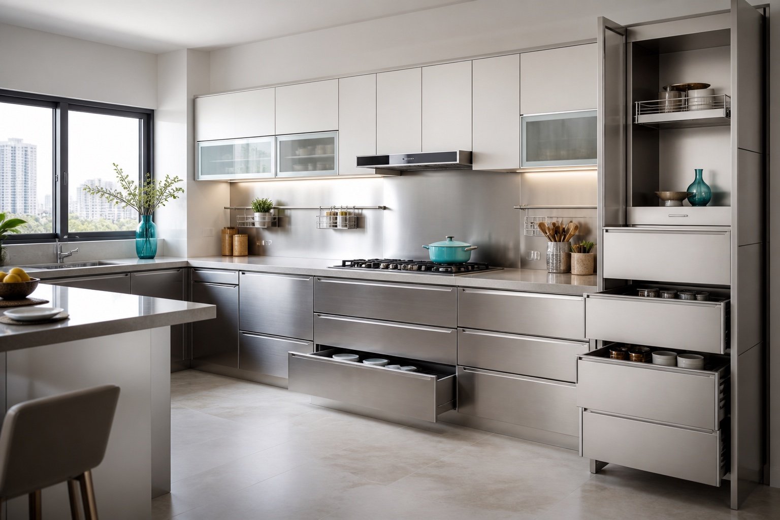 SS304 stainless steel modular kitchen in Hyderabad home with premium residential finish