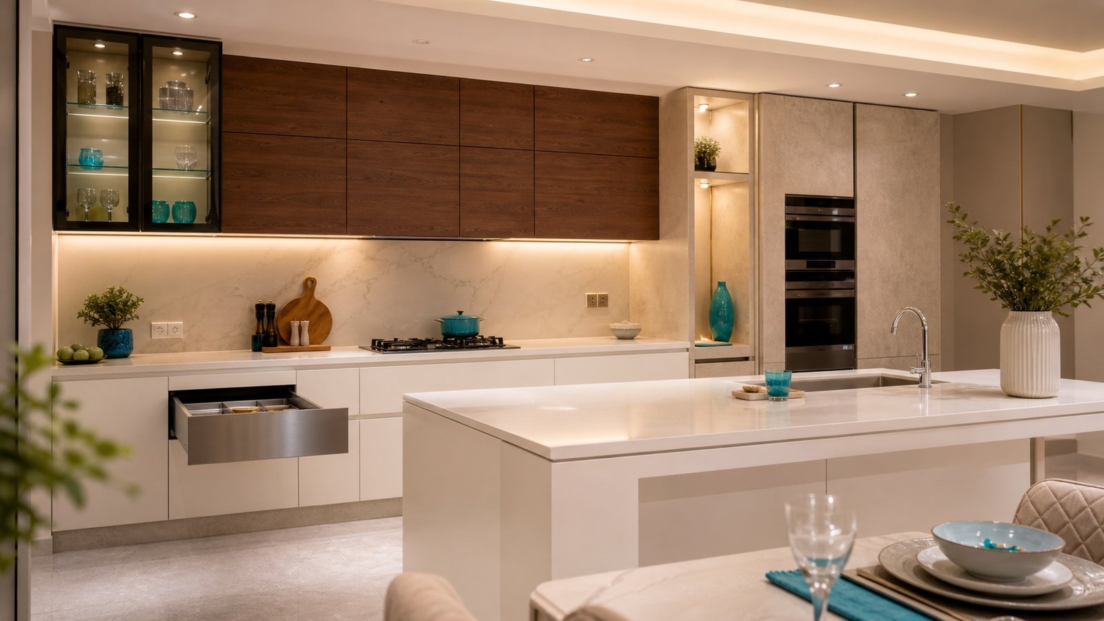 Do stainless steel kitchens look industrial? Warm wood, matte white, glass and stone-look finishes show they do not