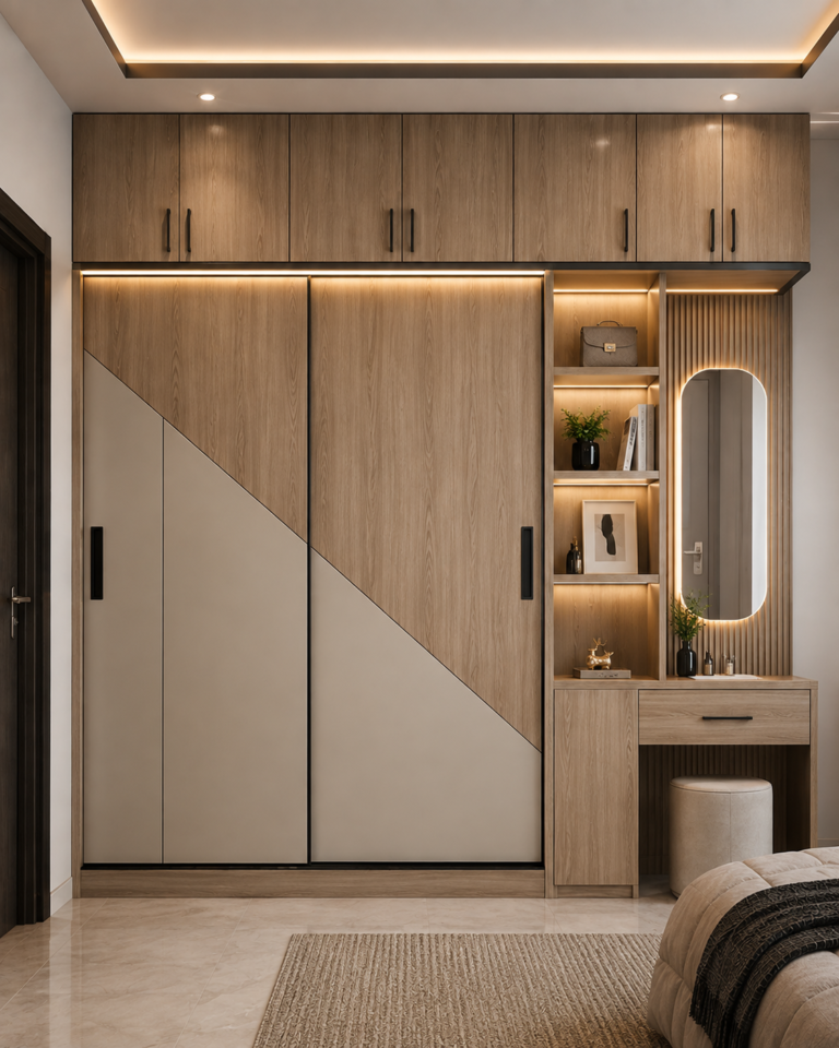 Wood-finish aluminium cupboard design for a modern Hyderabad bedroom