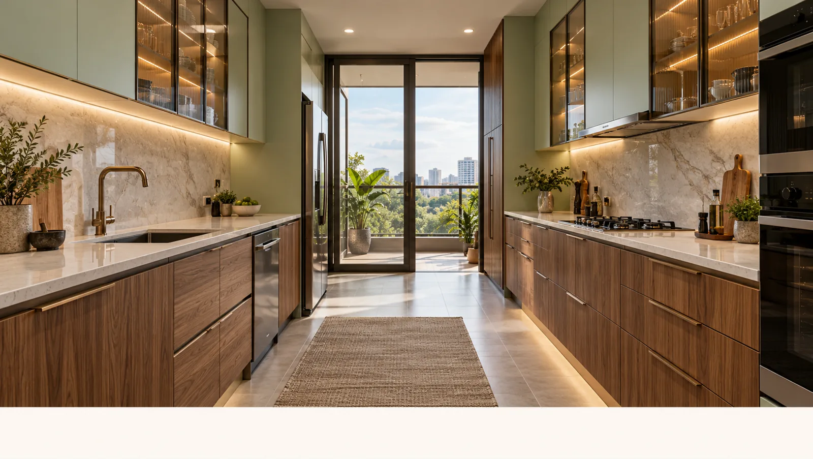 Concept render of acacia Wood-Look Parallel Kitchen Design with Pale Green Cabinets