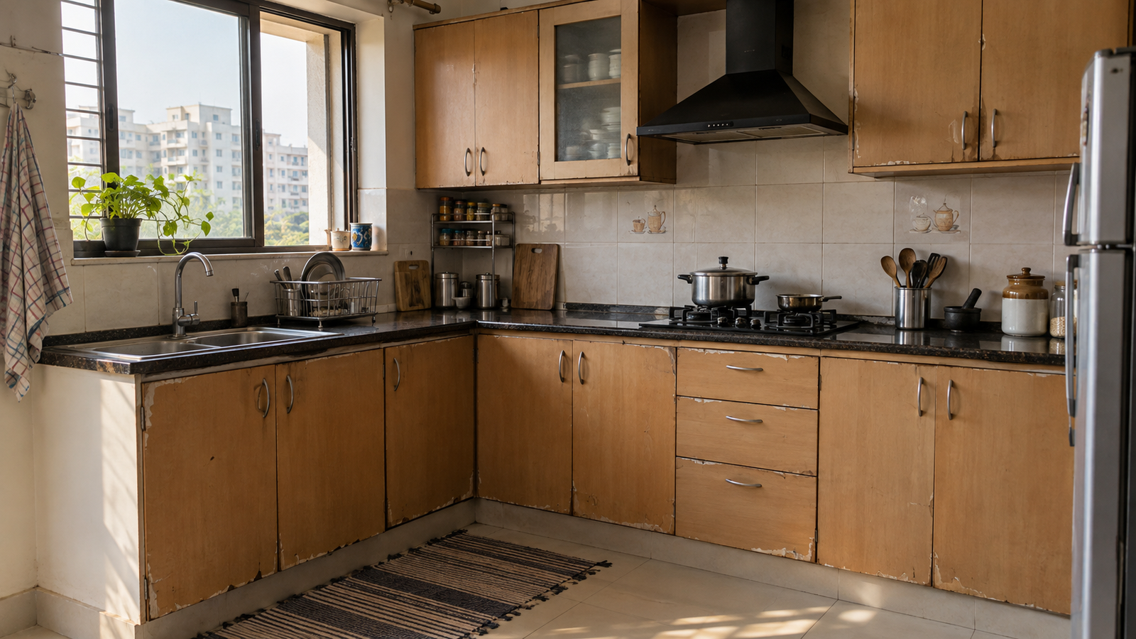 Older plywood modular kitchen showing normal hinge drawer and edge wear