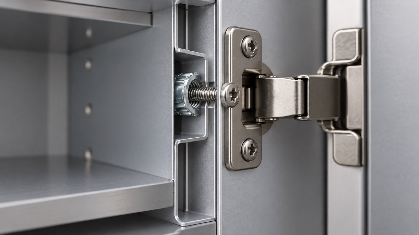 Aluminium cabinet hinge and Insert Nut Fastening System detail for a stable kitchen door