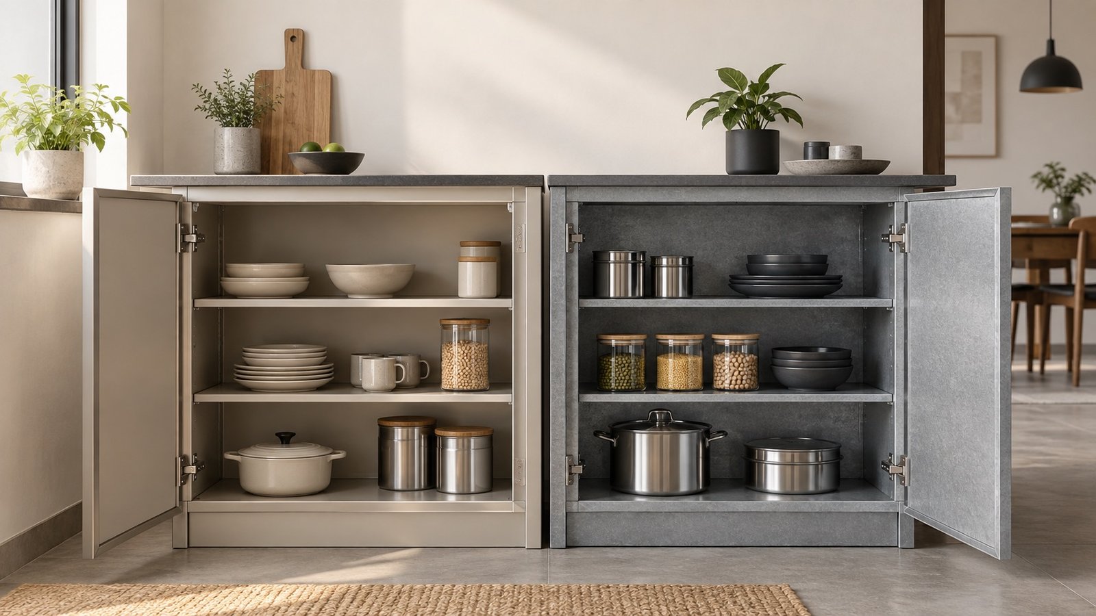 Aluminium vs GI kitchen cabinets concept with a lightweight aluminium cabinet and GI dry pantry