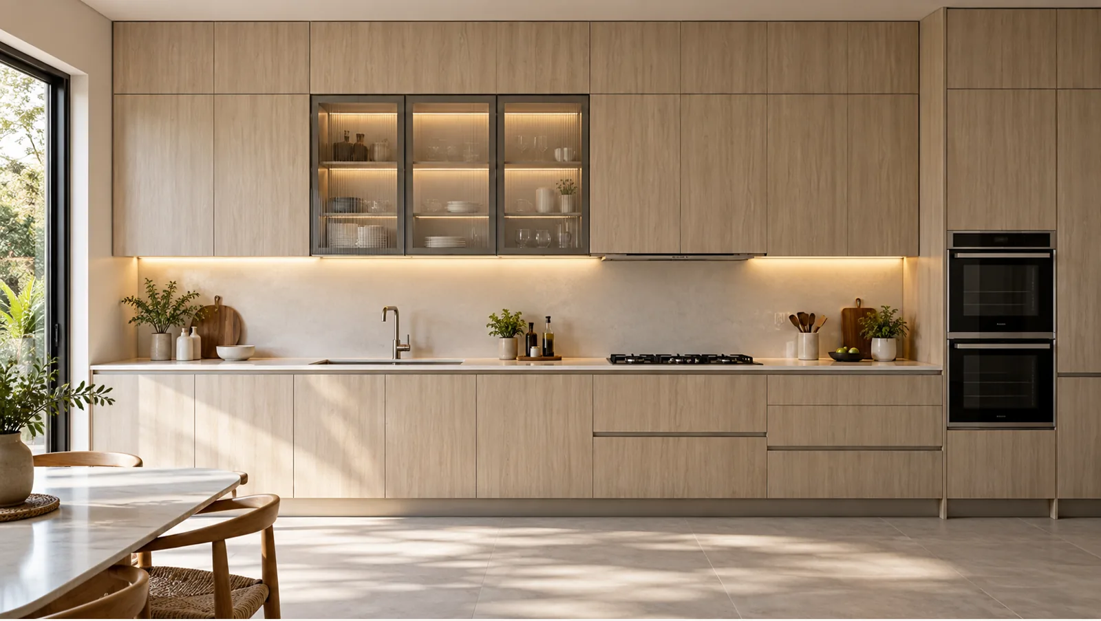 Concept render of arctic Wood-Look Straight Kitchen Design with Pale Cabinets